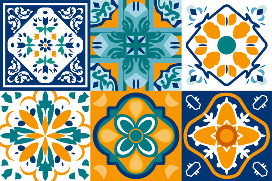 Moroccan tiles set with geometric and floral patterns in creative mosaic design for traditional interior decor. Mediterranean or boho inspired style for kitchen wallpaper or bathroom wall decoration