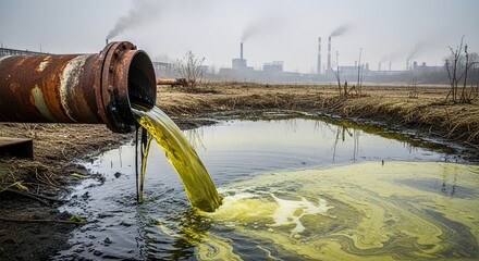 Industrial pollution pipe leaking toxic green waste into pond with factory smokestacks in background	
