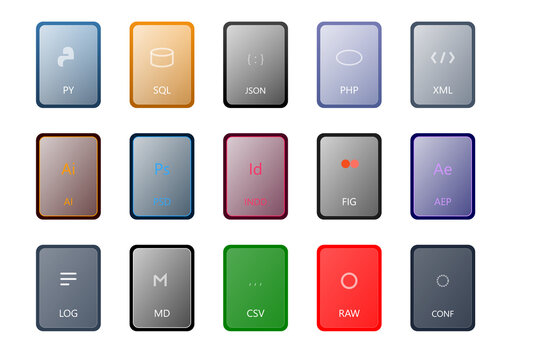 File format fill icon collection. Includes PY, SQL, JSON, PHP, XML, AI, PSD, SVG, FIG, AEP, LOG, MD, CSV, RAW, and CONF file type symbols. Created in colored style with a metallic gradient