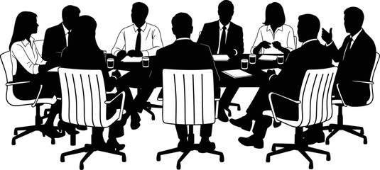 Professional business meeting silhouette, corporate team discussion, executive board members sitting at table, office teamwork, partnership, brainstorming session, leadership collaboration.