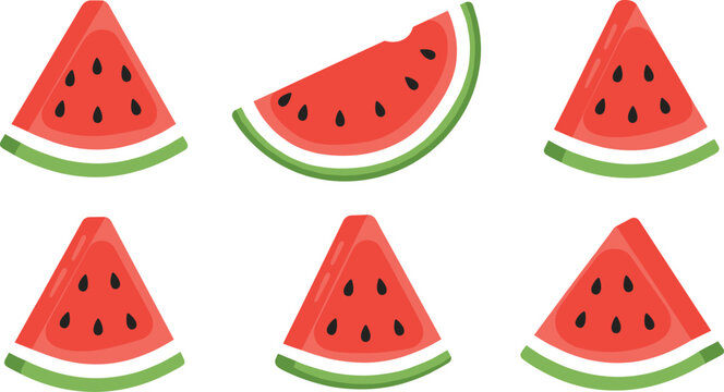 Watermelon Slice Vector Set with Fresh Red Summer Fruit Pieces and Black Seeds for Healthy Food Illustration, Tropical Design, and Seasonal Graphics