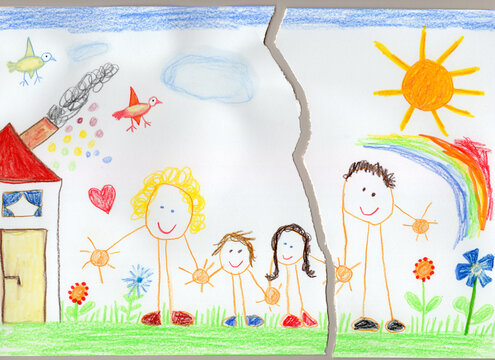 Colourful children's drawing symbolizing family separation and divorce