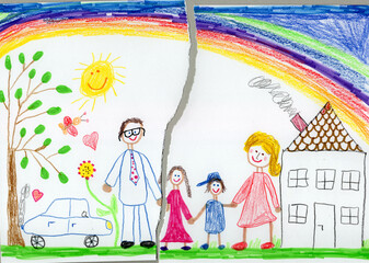 Colourful children's drawing of family separation with crack and house