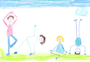 Cheerful children's yoga illustration with creative asana poses