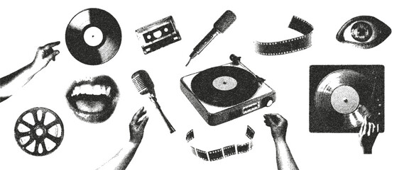 Retro photocopy effect music elements set. Turntable, vinyl record, hands, mouth, cassette. Grunge punk dotted texture for collage design. Vector. © Olgadesigner