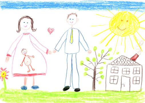 Happy family and pregnant mother in cheerful children?s drawing