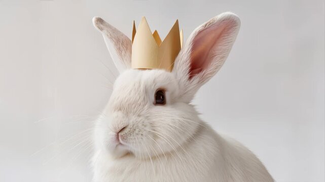 Cute white rabbit with soft fur wearing golden paper crown on clean light background. Concept of fairytale royalty and playful imagination