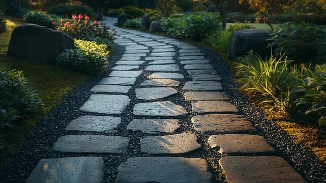 Winding stone path through a serene garden