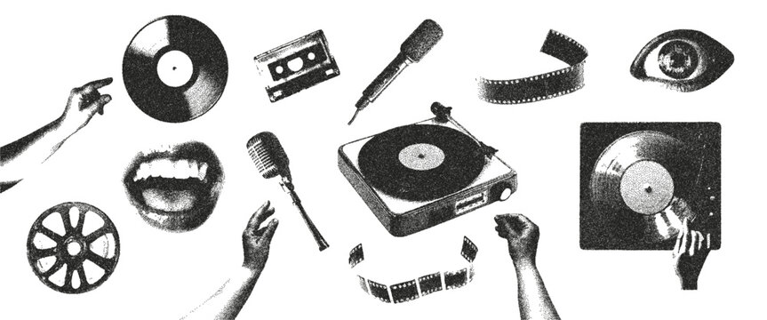 Retro photocopy effect music elements set. Turntable, vinyl record, hands, mouth, cassette. Grunge punk dotted texture for collage design. Vector.