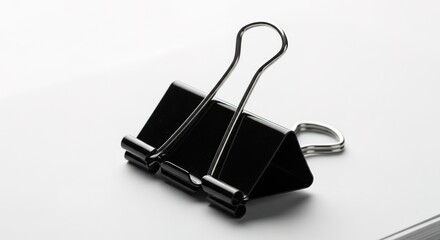 Black metal paper clip holding empty space isolated on white background for office organization and productivity