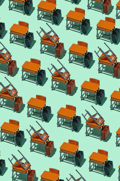 Pattern of repeated school desks and stacked toy chairs symbolizes absenteeism