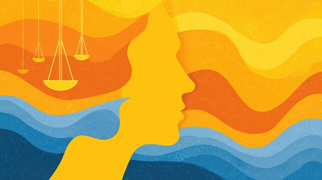 Psychology of Justice: Conceptual illustration of a human mind weighing a moral decision. Silhouette profile with scales against an abstract background of emotional chaos and calm logic.