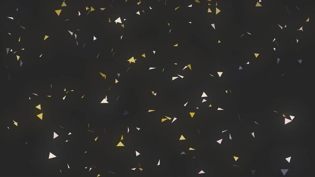 Triangular confetti falling and rotating on alpha channel. Geometric gold, pink, and grey triangles with paper flutter effect. Perfect for festive overlays, party and celebration motion graphics.