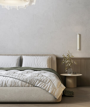 Cozy white bedroom interior with bed and empty wall mockup