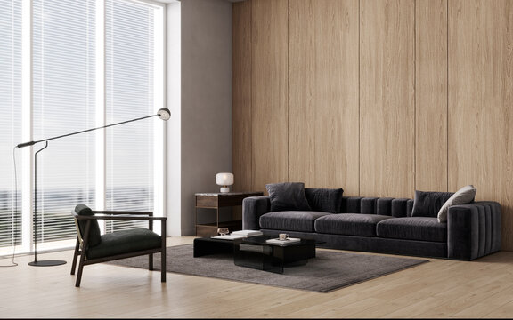 Minimalist office relaxation area with sofa and wooden panel wall