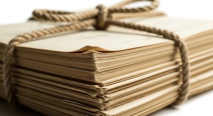 Stack of blank beige paper notebooks tied with jute rope on wooden table minimalist office background
