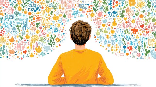 Neurodivergent Mind Illustration: A young person's head explodes with a cloud of colorful doodles representing ADHD, creativity, brainstorming, and imagination.