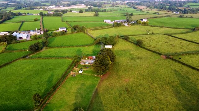 Northern Ireland Small holdings aerial view of the irish countryside during the warm days of summer