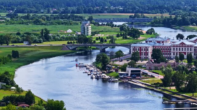 Aerial view of Jelgava Palace and Lielupe River at sunny summer day