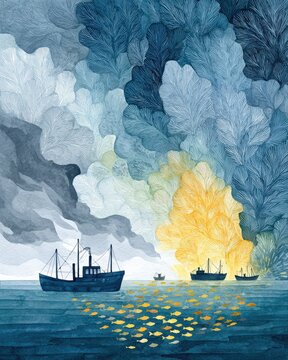 Folk art watercolor of fishing boats finding an abundant golden catch, a concept for prosperity, community teamwork, and discovering opportunity in business.