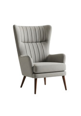 Fototapeta premium contemporary high-back armchair upholstered in light grey textured fabric with deep vertical channel tufting, showcased on tapered walnut legs against a transparent studio void, luxurious interior