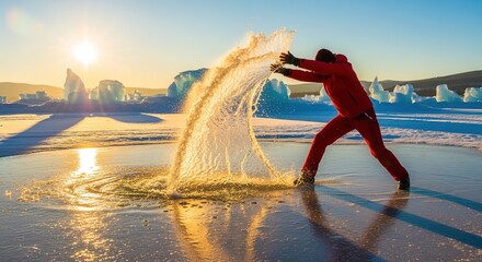 Silhouette man jumping over water fountain at sunset with desert mountains and golden light reflection
