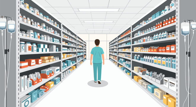 A healthcare worker walks down a pharmacy aisle, surrounded by tall shelves stocked with various medical supplies and IV bags.