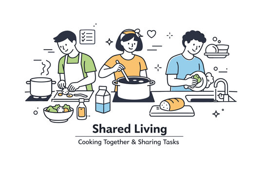 Affordable living concepts. Shared living space where roommates cook together and split tasks. Cooperative lifestyle and reduced daily costs. Minimalist flat