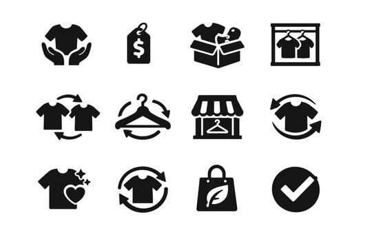 Clothing Reuse. Solid icon set of Clothing Reuse: second hand clothing, resale price tag, donation box, shared wardrobe, clothes swap arrows, reuse hanger,