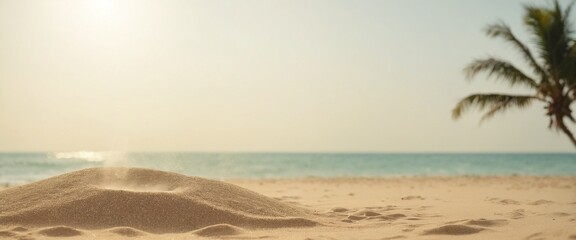 Sand with blurred Palm and tropical beach bokeh background Summer vacation and travel concept