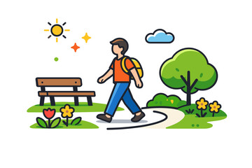 Fototapeta premium Leisurely spring park stroll relaxed walking through green spaces with flowers and simple benches, conveying peaceful leisure and connection