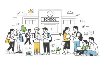 School campus life. Students standing or sitting outside a school building, talking and checking schedules. Everyday school rhythm, openness, community