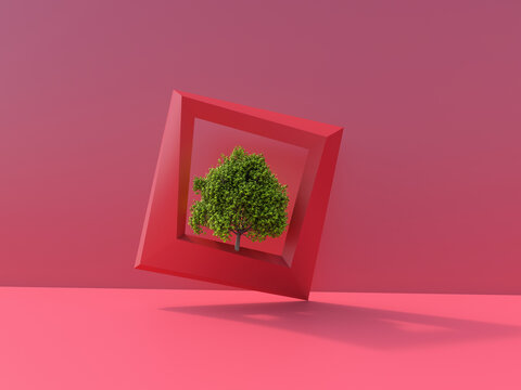 Abstract 3D rendering of green tree inside red frame symbolizing network