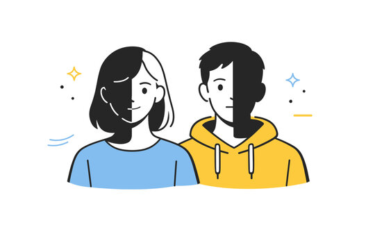 People half-lit faces. Two people standing side by side, light falling differently on each face. Subtle contrast creating emotional depth and quiet mood.