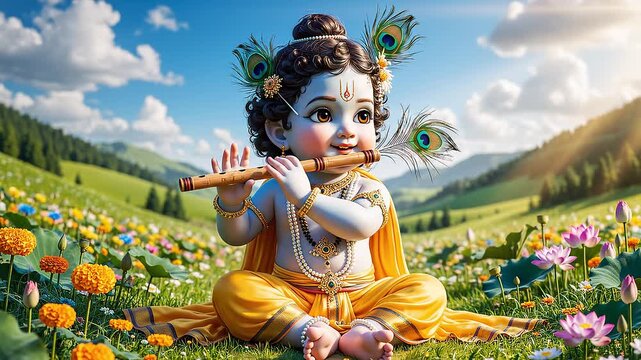 Little Krishna playing flute in flowers.