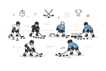 Hockey stick handling training. Wide practice view on ice or training surface, multiple players spaced out doing individual stickhandling drills, sense of
