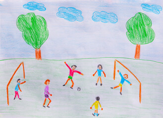 Children playing football on a grassy field in naive illustration style