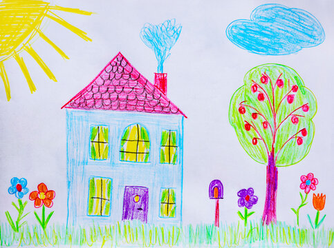Naive childlike illustration of house with garden, fruit tree and flowers