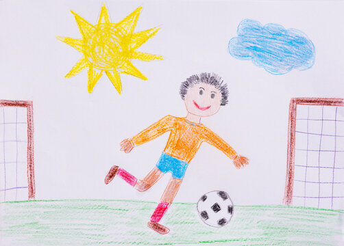 Soccer player running with ball on football field in naive illustration