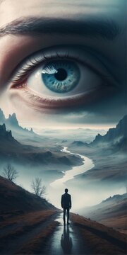 Eye looking at person. Citizen surveillance digital system, oversee, wiretapping and cyber invigilation.