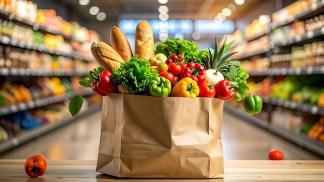 Paper grocery bag overflowing with fresh produce and bread in a supermarket aisle