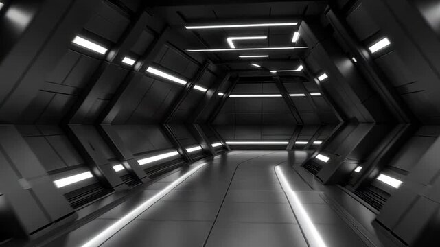 Futuristic dark hexagonal corridor with white led lighting and reflective floor