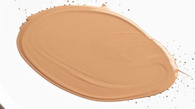 Creamy liquid foundation swatch with scattered droplets on white background