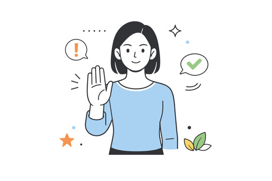Saying no visually. Person gently holding up an open hand gesture while standing calmly. Clear boundary setting with respectful and confident body language.