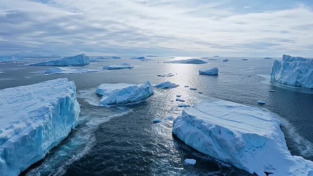 Panoramic view of icebergs floating in the ocean under a cloudy sky, Arctic landscape