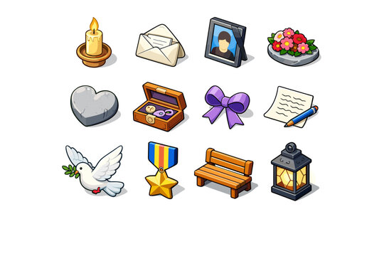 Remembrance. Colorful isometric vector icons set of Remembrance: lit candle, folded letter, photo frame, flower offering, stone heart, memory box, ribbon bow,