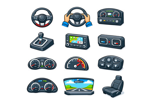 Car Interior POV. Colorful isometric vector icons set of Car Interior POV: steering wheel center, hands on wheel, dashboard panel, center console, gear shifter