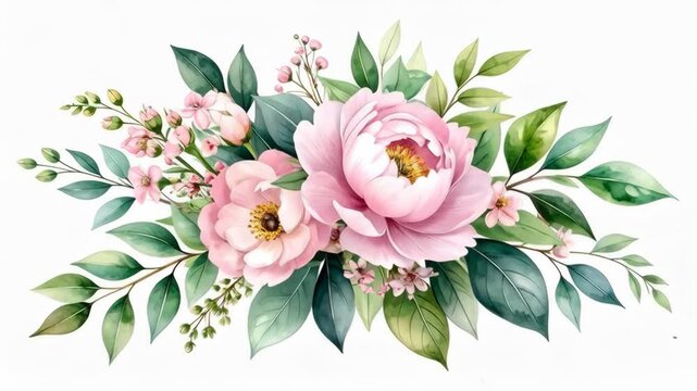 Delicate watercolor floral arrangement with pink peonies and green leaves on white background
