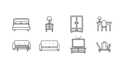 Outline Icons of Household Furniture and Objects for Interior Design