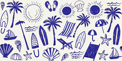 Blue and white summer themed doodles of beach and tropical elements © Sujal